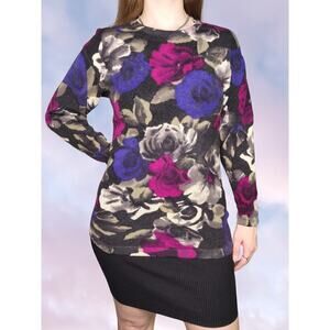 80s Vintage Lambswool Colorful Pink Blue Floral Fuzzy Long Sleeve Sweater Sz M